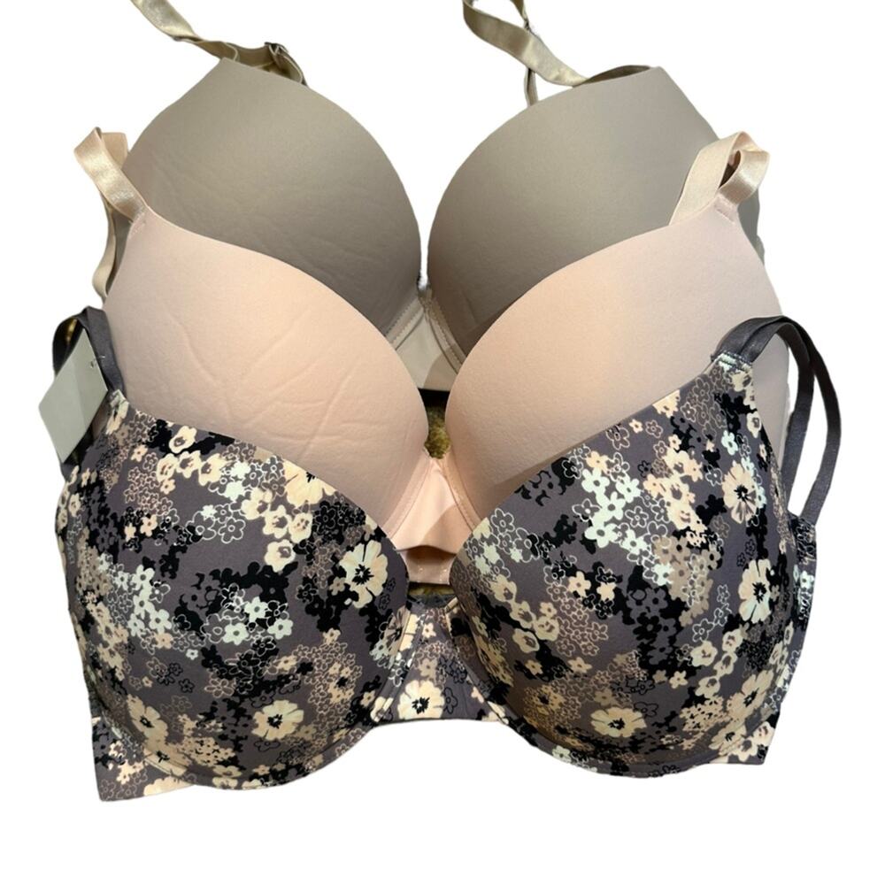 Kensie Set of 3 - 36DD Gentle Lift Tag Free Push Up Bras Pink, Taupe and Floral
